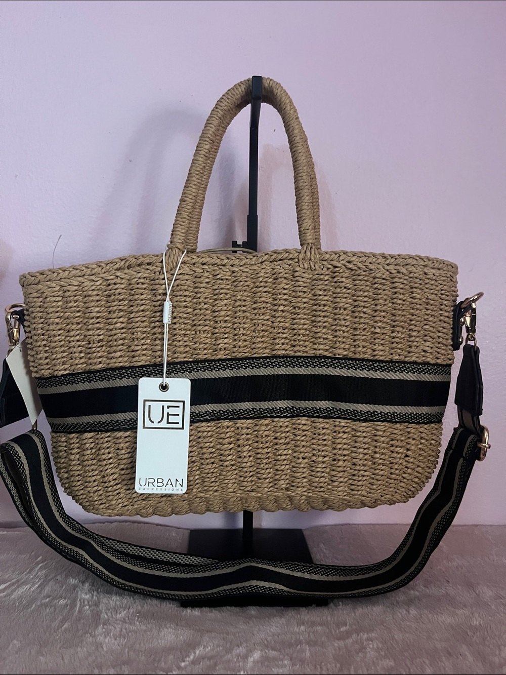 Urban Expressions Natural Straw Tote with Black Striped Accent
